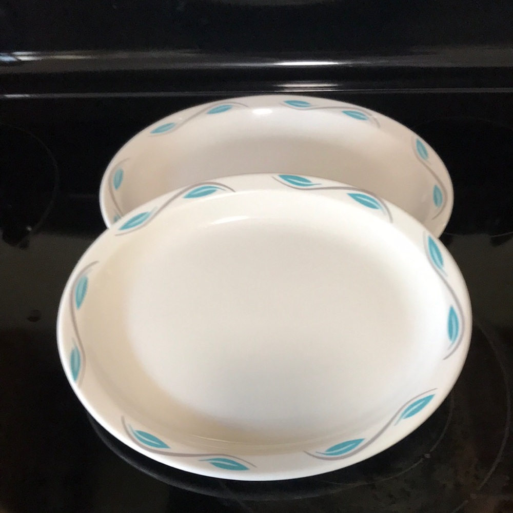 Vintage...Homer Laughlin Best China, 2 White Platters with Teal Leaf Designs